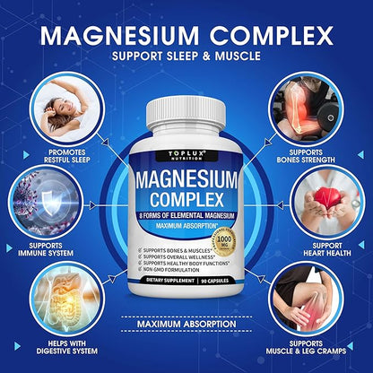 Magnesium Complex Supplement 8 Elemental Magnesium 1000mg - Magnesium Glycinate, Citrate, Malate, Taurate, Chelated for Easy Absorption for Bones, Muscle, Recovery, Energy, Vegan Non-GMO 90 Capsules