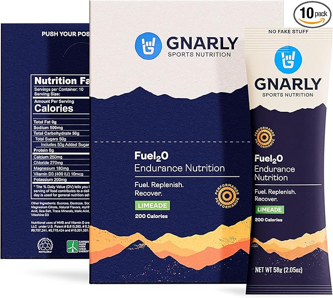 Gnarly Nutrition Fuel2O Electrolyte Powder Packs - Fuel 2O Endurance Nutrition, Electrolyte Solution, Fuel, Replenishment, and Recovery - Limeade, 10-Pack