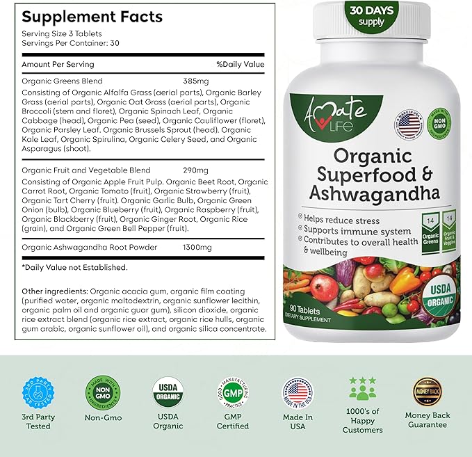 Organic Superfood Greens Fruits and Veggies Complex with Ashwagandha - 2 in 1 Supplement with 14 Greens and 14 Fruits & Vegetables with Organic Ashwagandha Rich in Antioxidants - Non-GMO 90 Tablets