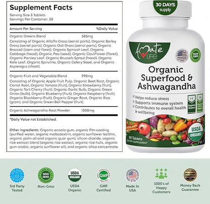 Organic Superfood Greens Fruits and Veggies Complex with Ashwagandha - 2 in 1 Supplement with 14 Greens and 14 Fruits & Vegetables with Organic Ashwagandha Rich in Antioxidants - Non-GMO 90 Tablets