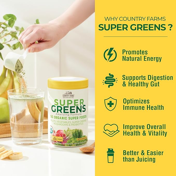 COUNTRY FARMS Super Greens Apple Banana Powder Smoothie, Organic Super Foods, USDA Organic Drink Mix, Fruits, Vegetables, Mushrooms, Superfood Nutrition, 40 Servings, 2 Pack
