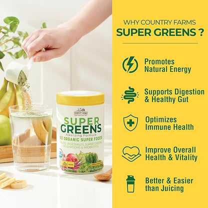 COUNTRY FARMS Super Greens Apple Banana Powder Smoothie, Organic Super Foods, USDA Organic Drink Mix, Fruits, Vegetables, Mushrooms, Superfood Nutrition, 40 Servings, 2 Pack