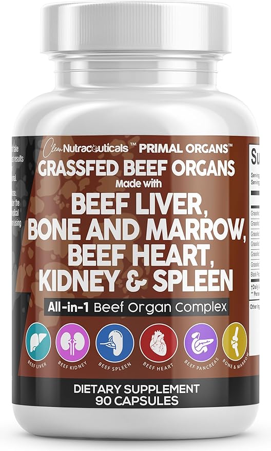 Clean Nutraceuticals Grass Fed Beef Liver Capsules 3000mg - Premium Quality Supplement Packed with Desiccated, Beef Heart, Beef Spleen, Beef Pancreas Plus Bone & Marrow Dao Enzyme Pills - USA Made