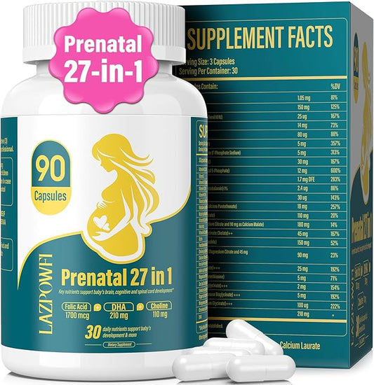 Prenatal Vitamins for Women multivitamin with Folic Acid DHA Choline for Pregnant and Nursing Women Niacinamide Biotin and Minerals 27 in 1 Needed Supplement 90 Capsules-30 Servings-White