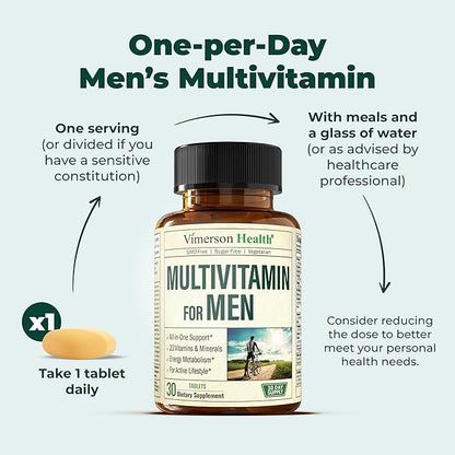 Multivitamin for Men - Daily Mens Multivitamins & Multiminerals with Vitamin A, C, D, E, B12, Zinc & Iron. Essential Vitamins for Men - Mens Vitamins for Energy, Focus, and Mens Health. 30 Tablets
