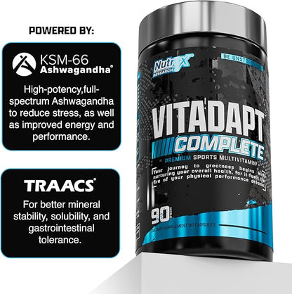 Nutrex Research Vitadapt Complete Sports Multivitamin for Men - 24 Vitamins, KSM-66 Ashwagandha and Minerals for Athletes - Mens Multivitamin (90 Capsules)