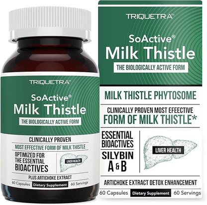 Triquetra Health SoActive® Milk Thistle: 10X More Effective Milk Thistle Phytosome, Optimized for Essential Bioactive Silybin A & B Plus Bilear® Artichoke Extract & Bile Enhancer | 60 Servings