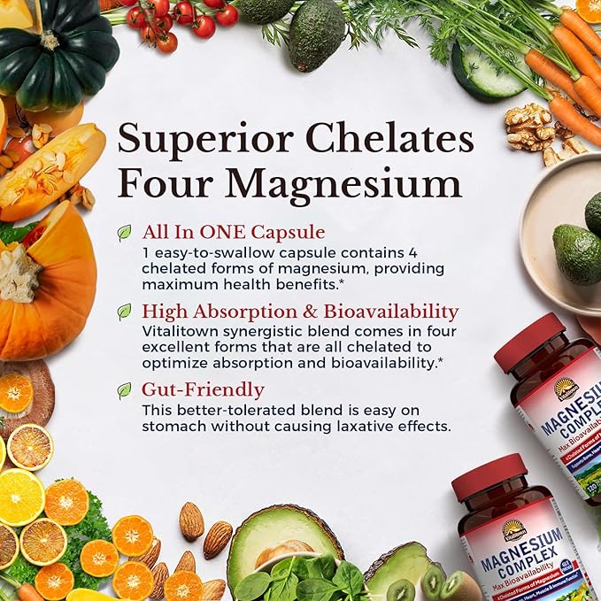 Vitalitown Magnesium Complex, 240 Capsules, Magnesium Glycinate, Malate, Taurate & Citrate, Chelated Forms, High Absorption, Bone, Heart, Muscle, Sleep & Digestion