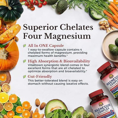 Vitalitown Magnesium Complex, 240 Capsules, Magnesium Glycinate, Malate, Taurate & Citrate, Chelated Forms, High Absorption, Bone, Heart, Muscle, Sleep & Digestion