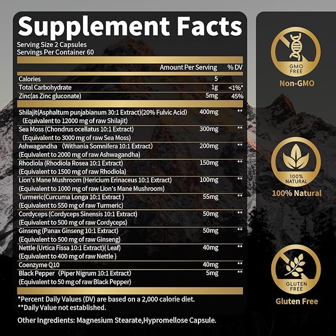 Shilajit Capsules with Sea Moss & Ashwagandha for Men & Women,12 in 1 Himalayan Shilajit Supplements with Coenzyme Q10, Fulvic Acid & Humic Acid, Lion's Mane, Energy & Immune Support , 120 Count