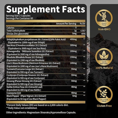 Shilajit Capsules with Sea Moss & Ashwagandha for Men & Women,12 in 1 Himalayan Shilajit Supplements with Coenzyme Q10, Fulvic Acid & Humic Acid, Lion's Mane, Energy & Immune Support , 120 Count