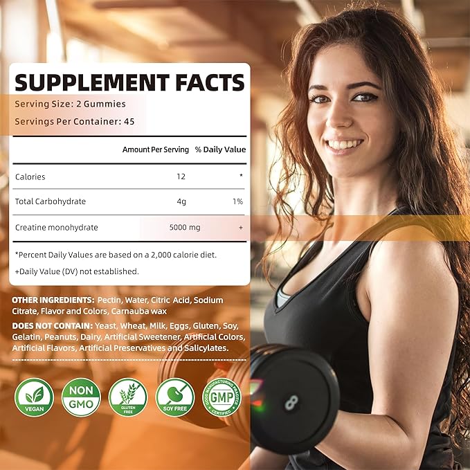 Creatine Monohydrate Gummies 5g for Men Women - Sugar Free Chewable Supplement. 180 Gummies Orange.