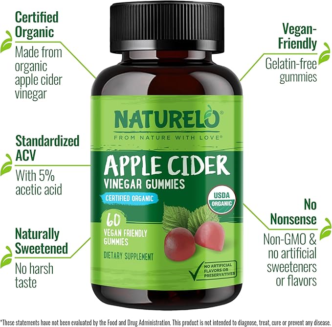 NATURELO Apple Cider Vinegar Gummies, Certified Organic, Vegan - 60 Gummies