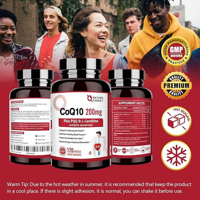 NATURE TARGET CoQ10-200mg with PQQ L-Carnitine & Omega-3s, High Absorption Coenzyme-Q10 with BioPerine, Supports Heart and Immune System, Cellular-Energy-Production, 120 Servings