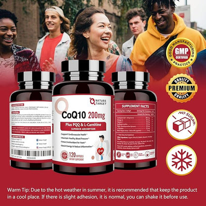 NATURE TARGET CoQ10-200mg with PQQ L-Carnitine & Omega-3s, High Absorption Coenzyme-Q10 with BioPerine, Supports Heart and Immune System, Cellular-Energy-Production, 120 Servings