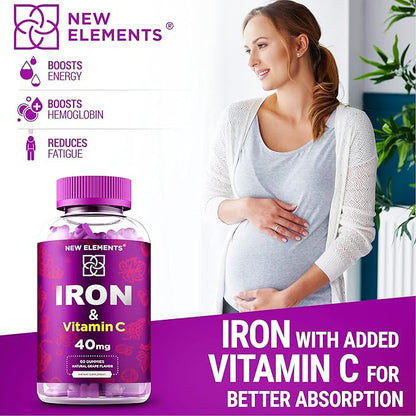 Iron Supplement for Women & Men with Vitamin C, Iron Gummies for Adults 40mg Iron and 100mg Vitamin C, Free Blood Builder for Anemia, Natural Grape Flavor, 30 Day Supply