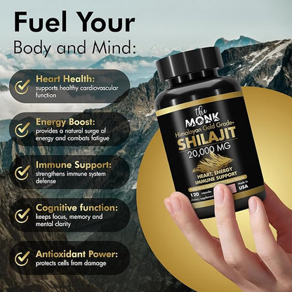 Organic Shilajit with Fulvic Acid, Humic Acid, 85+ Minerals- Gold Grade Plus - Same as Resin - Energy, Stamina, Brain Support - 20,000mg, 120 Capsules - Made in The USA