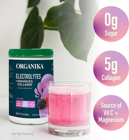 Organika Electrolytes + Enhanced Collagen- Wildberry Flavor- Sugar-Free Hydration + Protein 360 Gram - 30 Servings