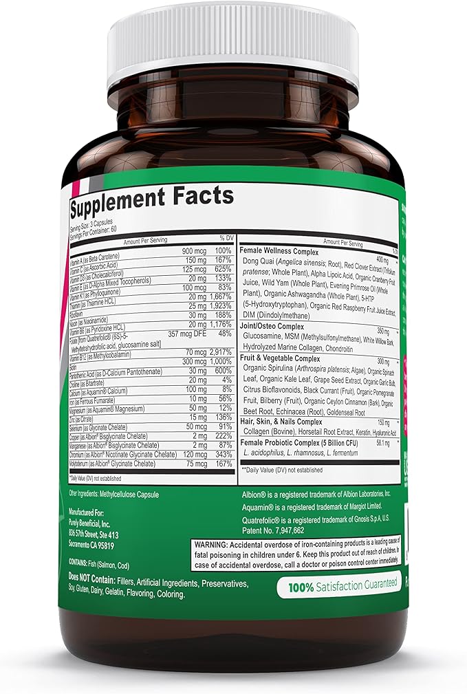 PURELY beneficial Women’s Whole Food MultiVitamin –58 Key Nutrients Including Vitamins, Minerals, Herbs, Probiotics, with Iron, Hair, Skin & Nail Complex for Complete Female Wellness- 180 Capsules