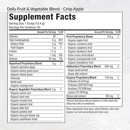 Equilife - Daily Fruit & Vegetable Blend, Fruits and Vegetables Supplements, Vitamin C, 9 Essential Amino Acids, Promotes Energy, Low-Sugar, Easy-to-Use, Vegan, Non-GMO (Crisp Apple, 30 Servings Bag)