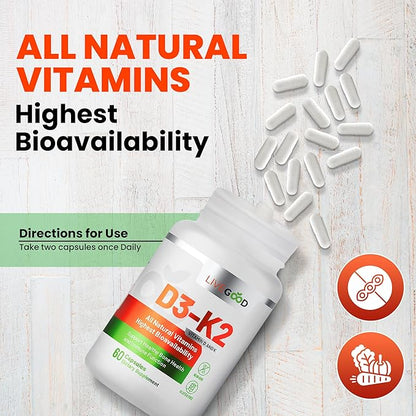 LIVEGOOD™ Vitamin D3 + K2 All Natural Bone, Muscle & Immune System Support, Vegan & Non-GMO, 60 Capsules
