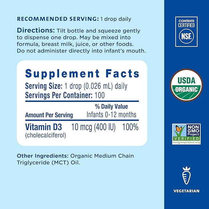 Mommy's Bliss Organic Baby Vitamin D Drops | Promotes Healthy Growth and Bone Development | Age Newborn+ | 0.11 Fl Oz (100 Servings) | Pack of 2
