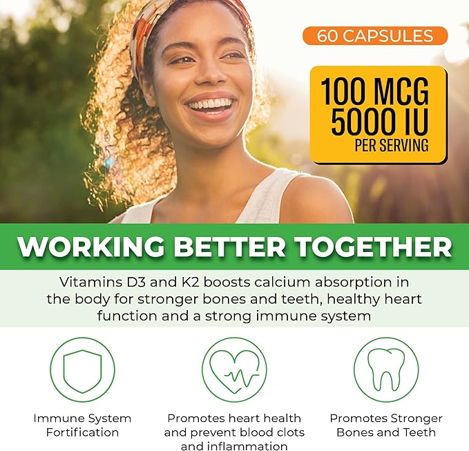 ForestLeaf Vitamin D3 + K2 (MK7) Supplement - MenaQ7 - Calcium and Vitamin D3 5000 IU Max Absorption - Teeth and Bone Strength, Heart Health, Immune System Support - 60 Veggie Capsules