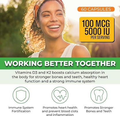 ForestLeaf Vitamin D3 + K2 (MK7) Supplement - MenaQ7 - Calcium and Vitamin D3 5000 IU Max Absorption - Teeth and Bone Strength, Heart Health, Immune System Support - 60 Veggie Capsules