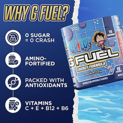 G Fuel ONE Piece Gum-Gum Fruit Energy Drink Powder, Pre Workout Caffeine Powder, Energy Powder Drink Mix for Gaming, Sugar Free Focus Amino, Vitamin + Antioxidants, 3.7oz (Lemon Ice, 15 Servings)