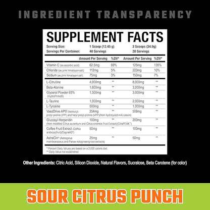Axe & Sledge Supplements Hydraulic Stimulant-Free Pump Pre-Workout Powder, 40 Servings, (Pack of 1) (Sour Citrus Punch)