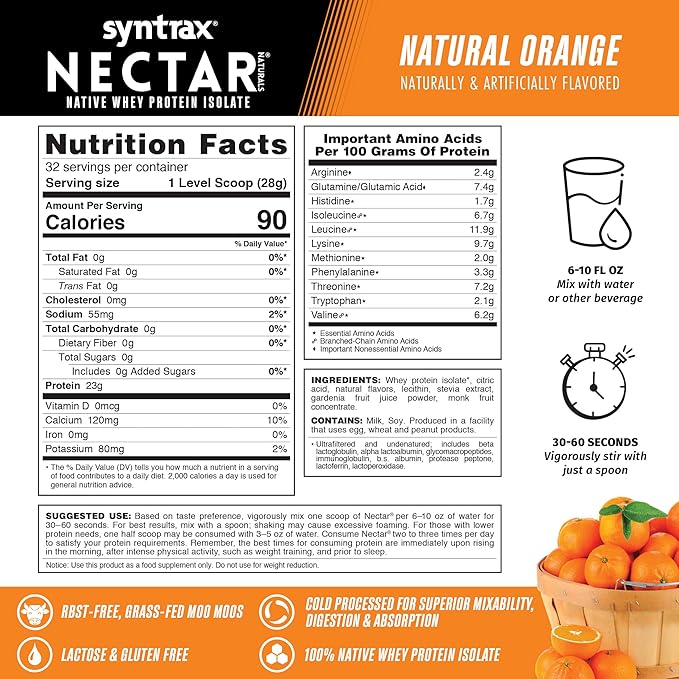 Syntrax Nectar Naturals, Native Grass-Fed Whey Protein Isolate, Refreshing Fruit-Juice Flavor, RBST-Free, All-Natural Formula, Mixes Instantly, Lactose & Gluten Free, Natural Orange, 2.0 lbs