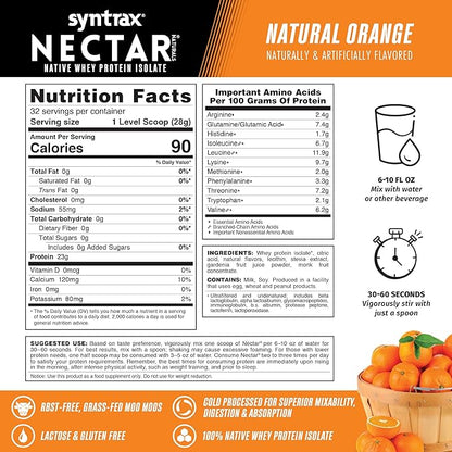 Syntrax Nectar Naturals, Native Grass-Fed Whey Protein Isolate, Refreshing Fruit-Juice Flavor, RBST-Free, All-Natural Formula, Mixes Instantly, Lactose & Gluten Free, Natural Orange, 2.0 lbs
