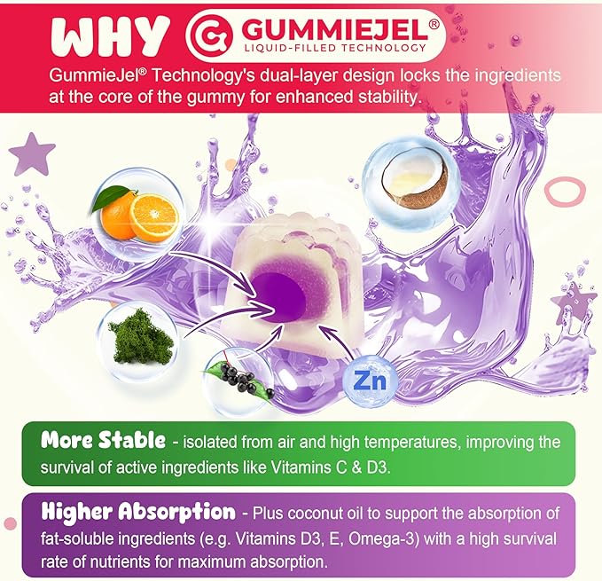Elderberry + Vitamin C & Zinc Immune Support Gummies for Kids 4+, Omega-3, Vitamin D3, A, E, Sugar Free Daily Childrens Daily Multi Vitamins Gummy | Immunity, Eye & Brain Health | Non-GMO, 60 Count