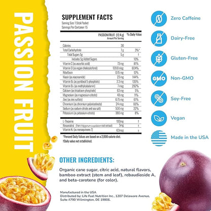 Energy + Hydration Amplifier - Multivitamin Electrolyte Powder Packets with Vitamins D3 K2 & B6 B12 | L-Theanine, Cane Sugar, Caffeine Free Energy Drink Powder | Passion Fruit, 15 Pack