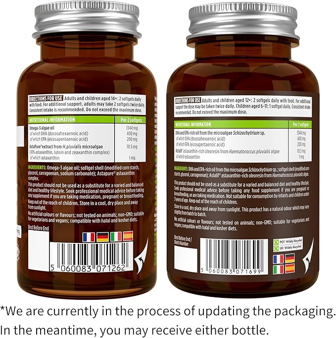 Vegan Omega-3 Natural Triglyceride Algae Oil, DHA & EPA Fatty Acid Supplement, 180 Small Softgels with Astaxanthin, Easy-to-Swallow, Pure & Sustainable, 90 Servings, by Igennus