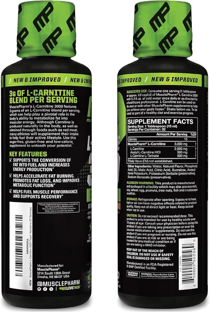 Muscle Pharm L-Carnitine 3000, The Ultimate Liquid L Carnitine Supplement for High-Performance, Supports Metabolism, Hydration & Energy, Zero Sugar/Calories, Peach Nectarine Flavor, 32 Servings