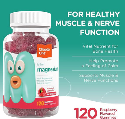 Chapter One Magnesium Gummies, High Dose Magnesium for Kids, Calm Kids Magnesium, Magnesium Gummies for Women and Men, Certified Kosher (Raspberry 120 Count)
