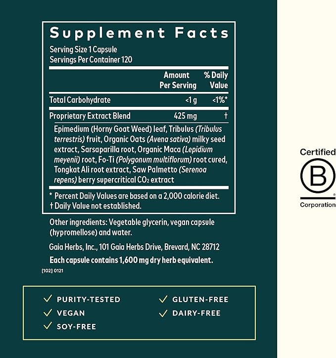 Gaia Herbs Male Libido - Herbal Supplement with Saw Palmetto, Horny Goat Weed, Maca & Oats - Supports Stamina, Vitality & Hormone Balance for Men - 120 Vegan Liquid Phyto-Capsules (30-Day Supply)