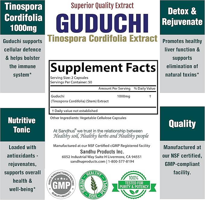 Sandhu's Guduchi (Tinospora Cordifolia) Giloy 100 Vegetarian Capsules Immune Support 1000mg per Serving