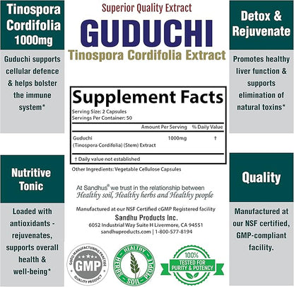 Sandhu's Guduchi (Tinospora Cordifolia) Giloy 100 Vegetarian Capsules Immune Support 1000mg per Serving