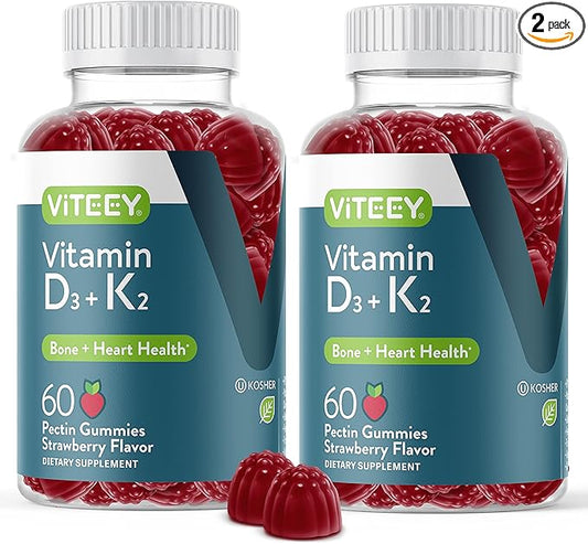 Vitamin D3 K2 Gummies - 1000 IU Vitamin D3 and K2 100mcg - Bone & Heart Health for Adults and Teens - Vegetarian, Gelatin Free, GMO Free - Tasty Chewable D3K2 Vitamins Strawberry Flavored Gummy