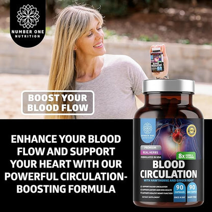 Number One Nutrition Premium Blood Circulation Supplement for Women and Men [8 Powerful Herbs & Vitamins] All Natural Blood Flow Supplement with Hawthorn, Butchers Broom and Cayenne Pepper, 90 Caps
