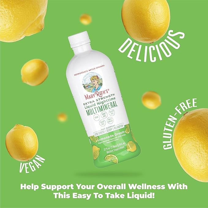 MaryRuth Organics Extra Strength Nighttime Liquid Multimineral Sleep Supplement | Sugar Free | Calm Magnesium Citrate | NO Melatonin | Calcium Magnesium Zinc | Lemonade Flavor | Vegan | 32 Servings