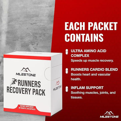 Running Recovery Pack - Marathon Training Nutrition to Recover Faster, More Energy and Run Faster, Great Running Aid as Pre Workout, Endurance Running Supplement - 60 Packets | 180 Capsules