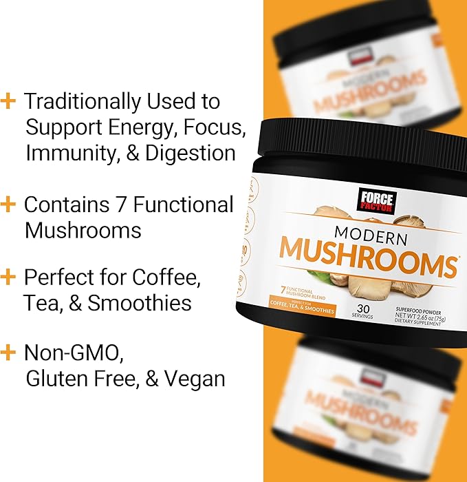 Force Factor Modern Mushrooms Powder, Mushroom Supplement to Support Energy, Focus, Immunity, & Digestion with Cordyceps, Turkey Tail, Chaga, Reishi, Lion’s Mane, Shiitake, Unflavored, 30 Servings