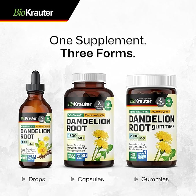 BIO KRAUTER Dandelion Root Capsules - 1800 mg Strength - 250 Count - Dandelion Root Supplement - Vegan Dandelion Powder Capsules for Digestion, Liver Support, Cleansing and Immunity