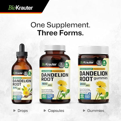 BIO KRAUTER Dandelion Root Capsules - 1800 mg Strength - 250 Count - Dandelion Root Supplement - Vegan Dandelion Powder Capsules for Digestion, Liver Support, Cleansing and Immunity