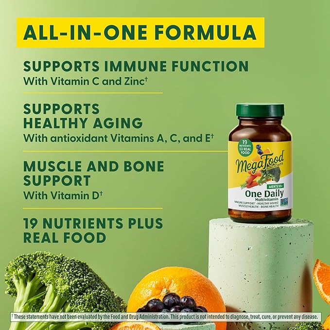 MegaFood Men's 55+ One Daily - Multivitamin for Men with Vitamin B12, Vitamin C, Vitamin D & Zinc - Optimal Aging & Immune Support Supplement - Vegetarian - Made Without 9 Food Allergens - 60 Tabs