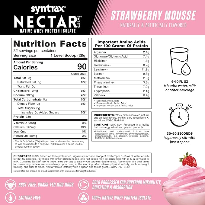 Syntrax Nutrition Nectar Sweets, 100% Whey Isolate Protein Powder, Strawberry Mousse, 2 lbs
