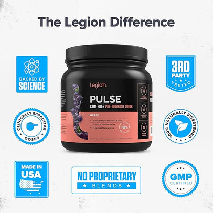 LEGION Pulse Pre Workout Supplement - All Natural Nitric Oxide Preworkout Drink to Boost Energy, Creatine Free, Naturally Sweetened, Beta Alanine, Citrulline, Alpha GPC (Caffeine Free Grape)
